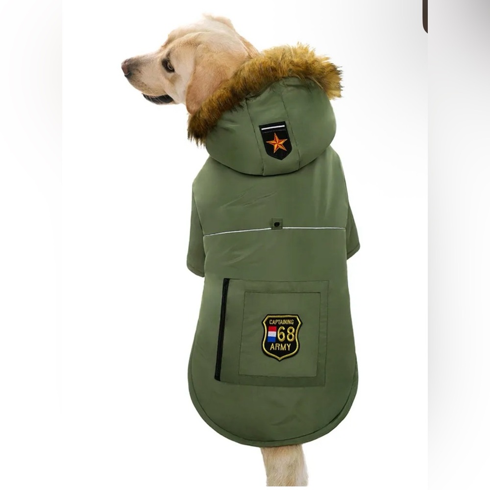 Army Dog Coat Green Fur Trim Medium Dog Size 28 Waterproof Fleece Lined 🐕